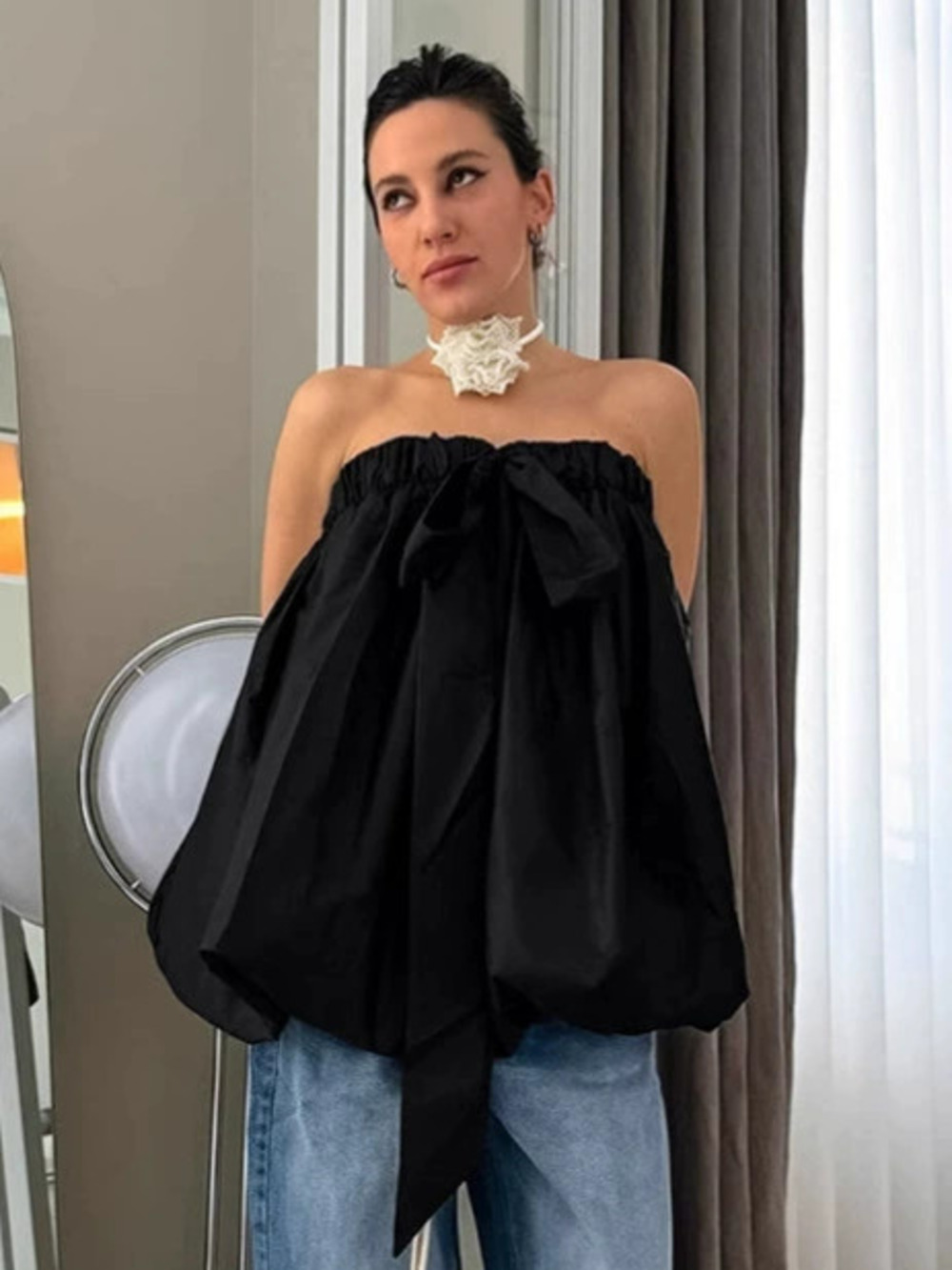 Forever 21 Black Strapless Puff Sleeveless Summer Top